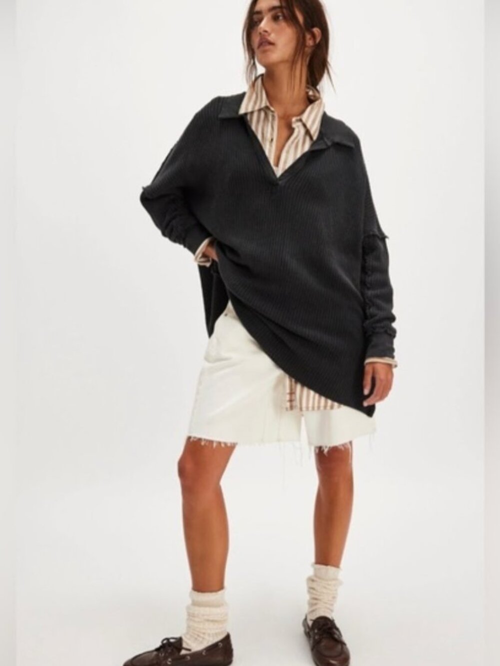 We the Free by Free People Oversized Waffle Knit Travis Polo in Gray Women's M - Picture 2 of 8